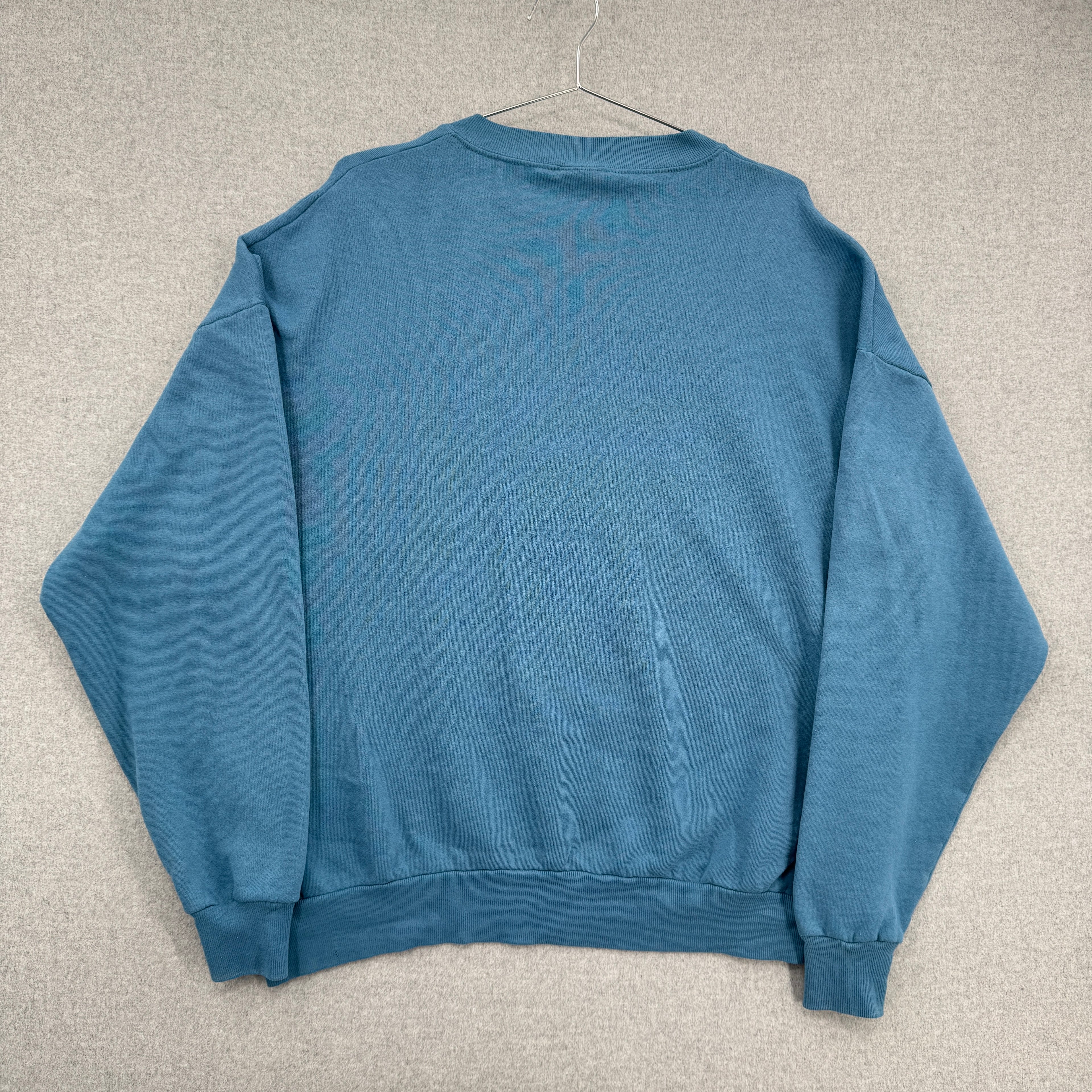 back of Blue sweatshirt on a hanger against a neutral background