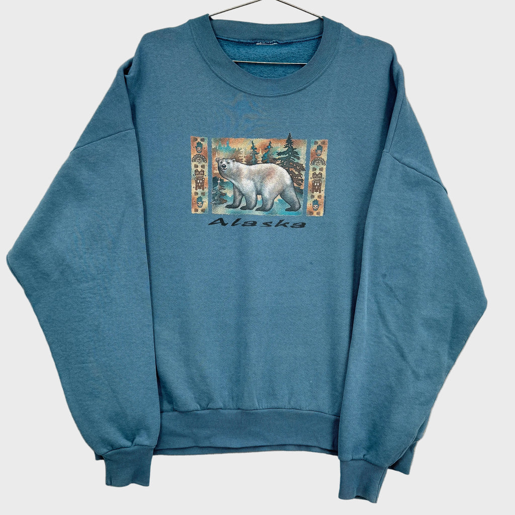 alaska polar bear print on blue crewneck sweatshirt