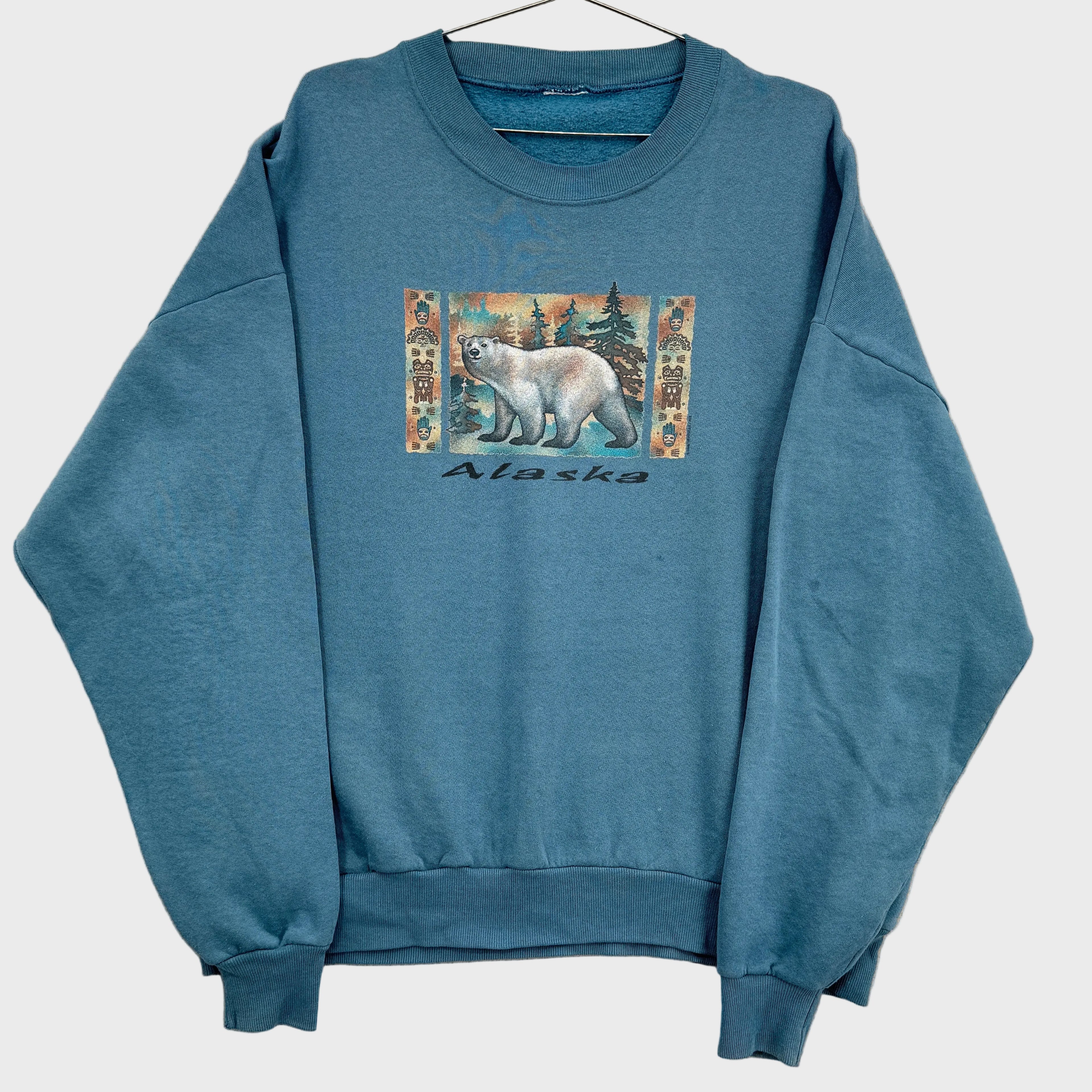 alaska polar bear print on blue crewneck sweatshirt