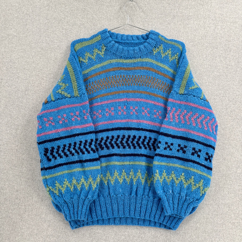 Vintage 90s Geometric Pattern Stripes Blue Knitted Sweater - L