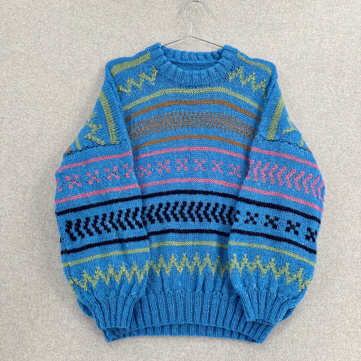 Vintage 90s Geometric Pattern Stripes Blue Knitted Sweater - L