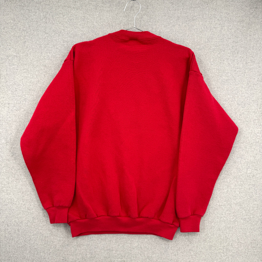 Red sweatshirt on a hanger against a gray background. Back of sweatshirt, blank