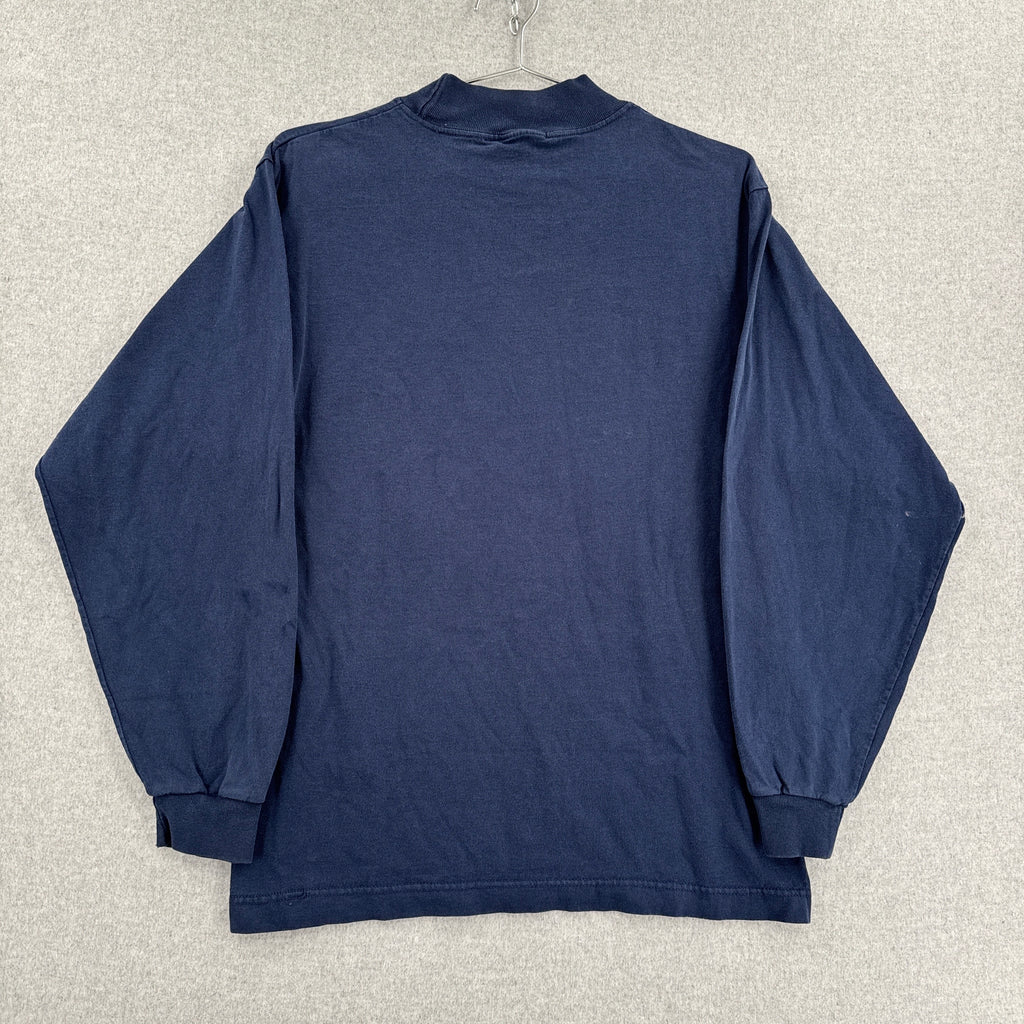 Navy blue long-sleeve shirt on a hanger against a neutral background back