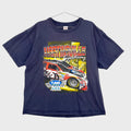 Navy blue t-shirt with race car graphic and ' Martinsville Speedway' text on a gray background