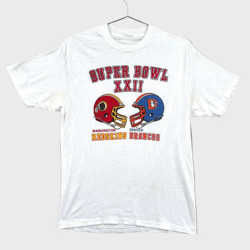 White t-shirt with Super Bowl XXII design featuring Washington and Denver Broncos helmets on a gray background.