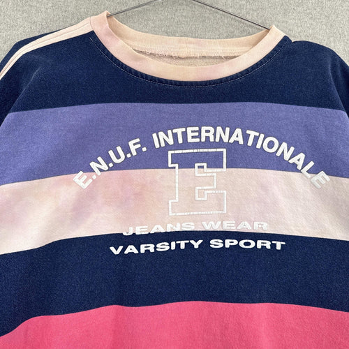 Colorful striped sweater with text and logo on a hanger