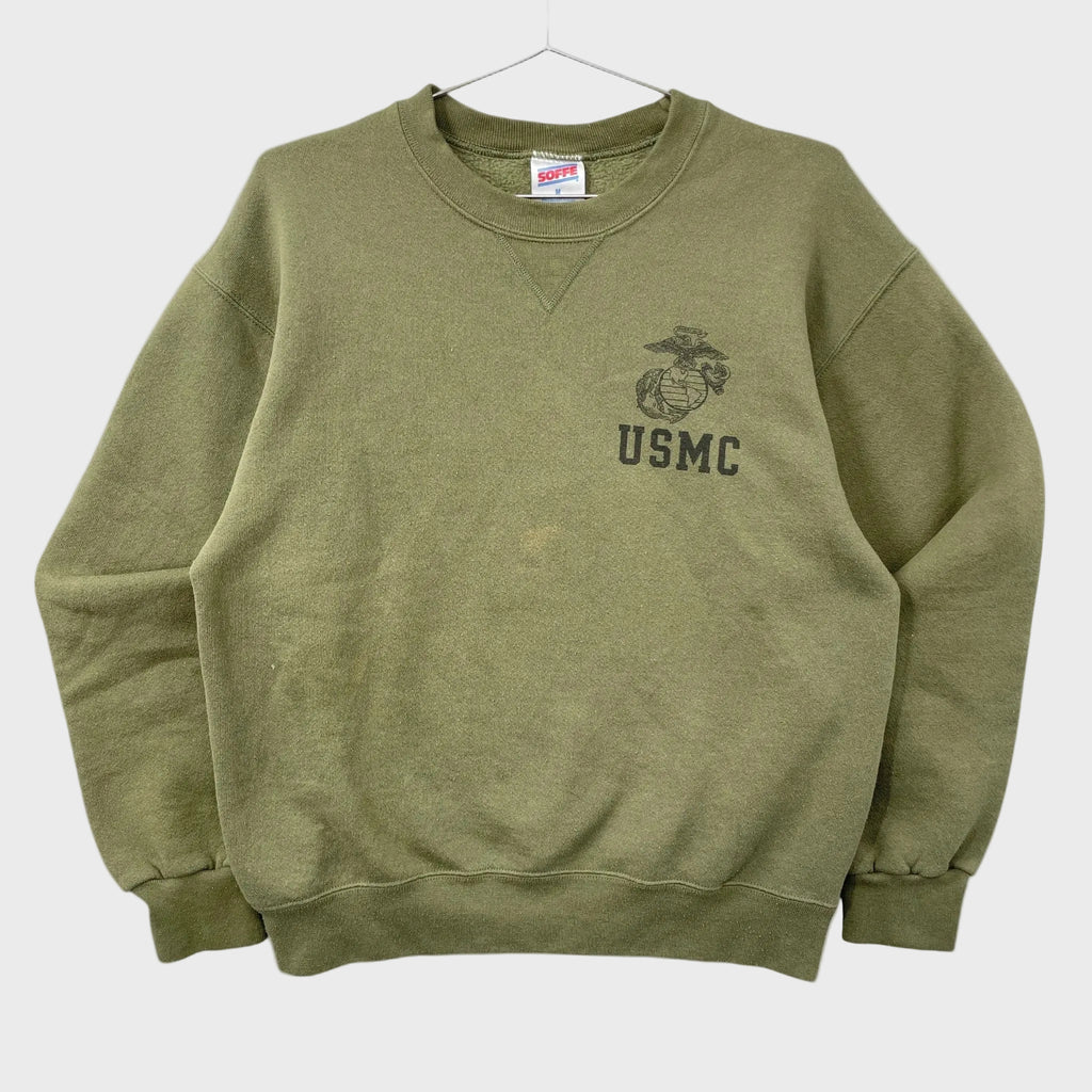 Vintage Faded Green USMC crewneck sweatshirt from the 1990s on a white background
