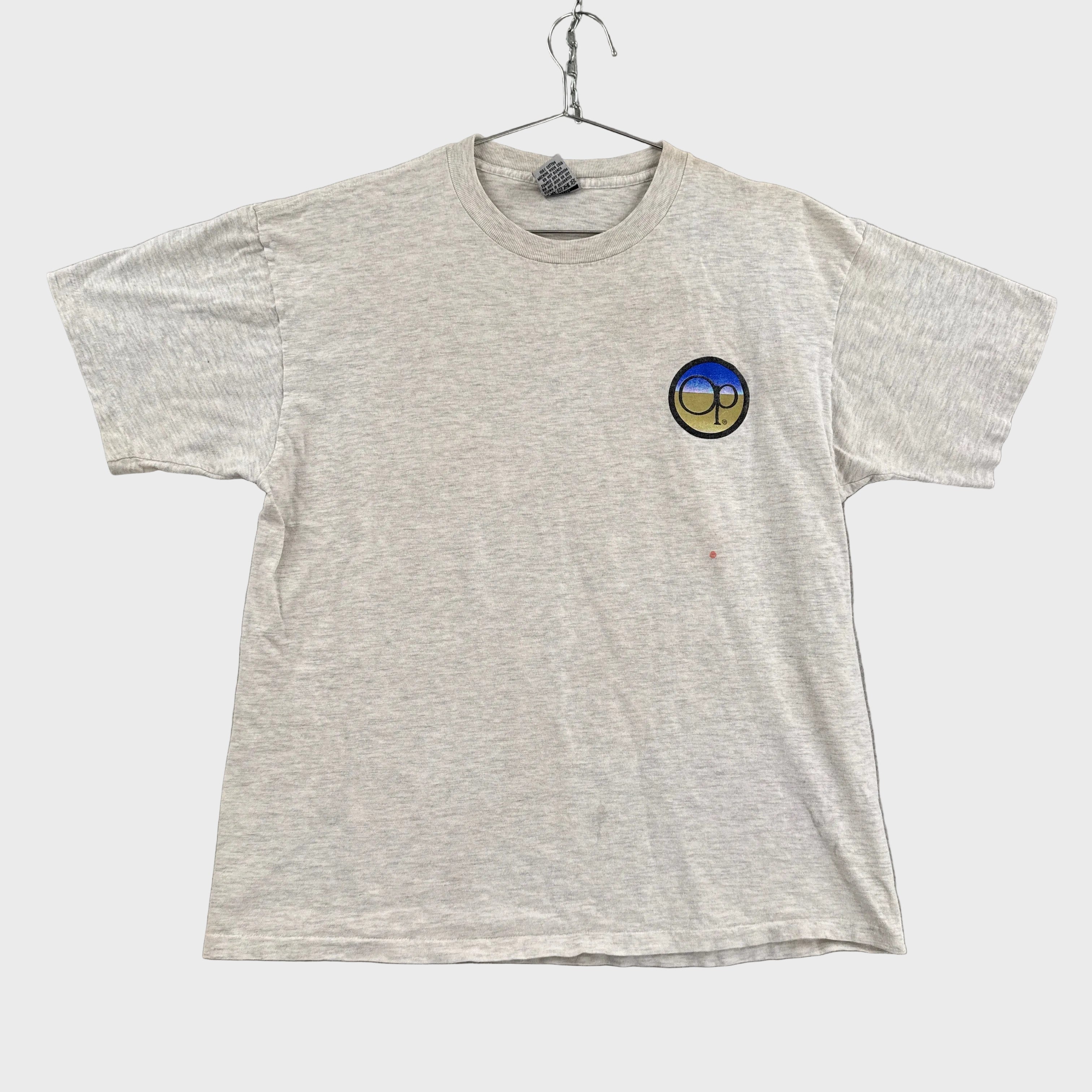 Gray t-shirt with a logo on a gray background