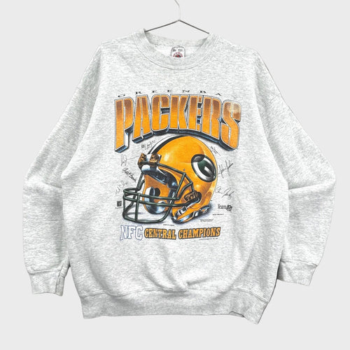 Gray sweatshirt with Green Bay Packers logo and text on a gray background