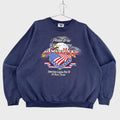 Navy blue sweatshirt with American Legion Post 58 design on a textured gray background with a bald eagle and american flag