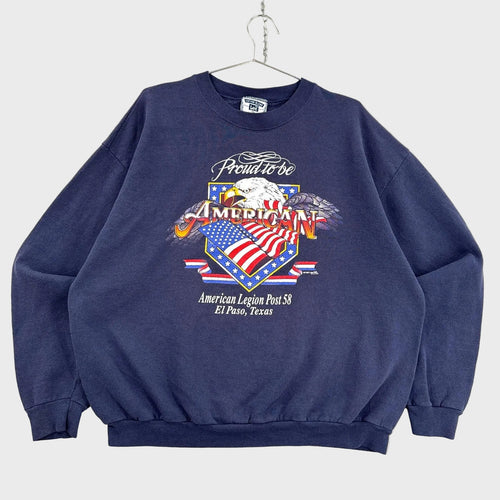 Navy blue sweatshirt with American Legion Post 58 design on a textured gray background with a bald eagle and american flag