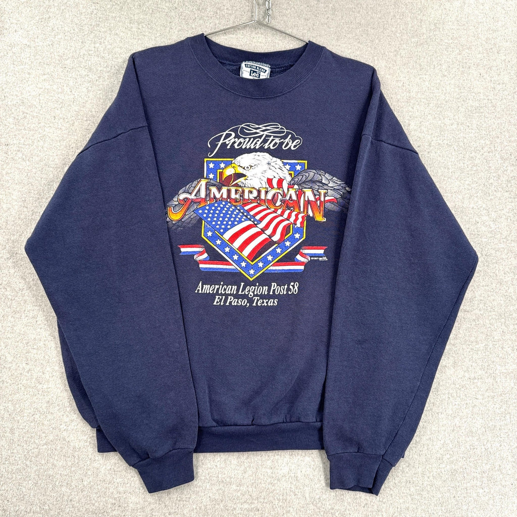 Navy blue sweatshirt with American-themed graphic on a light gray background