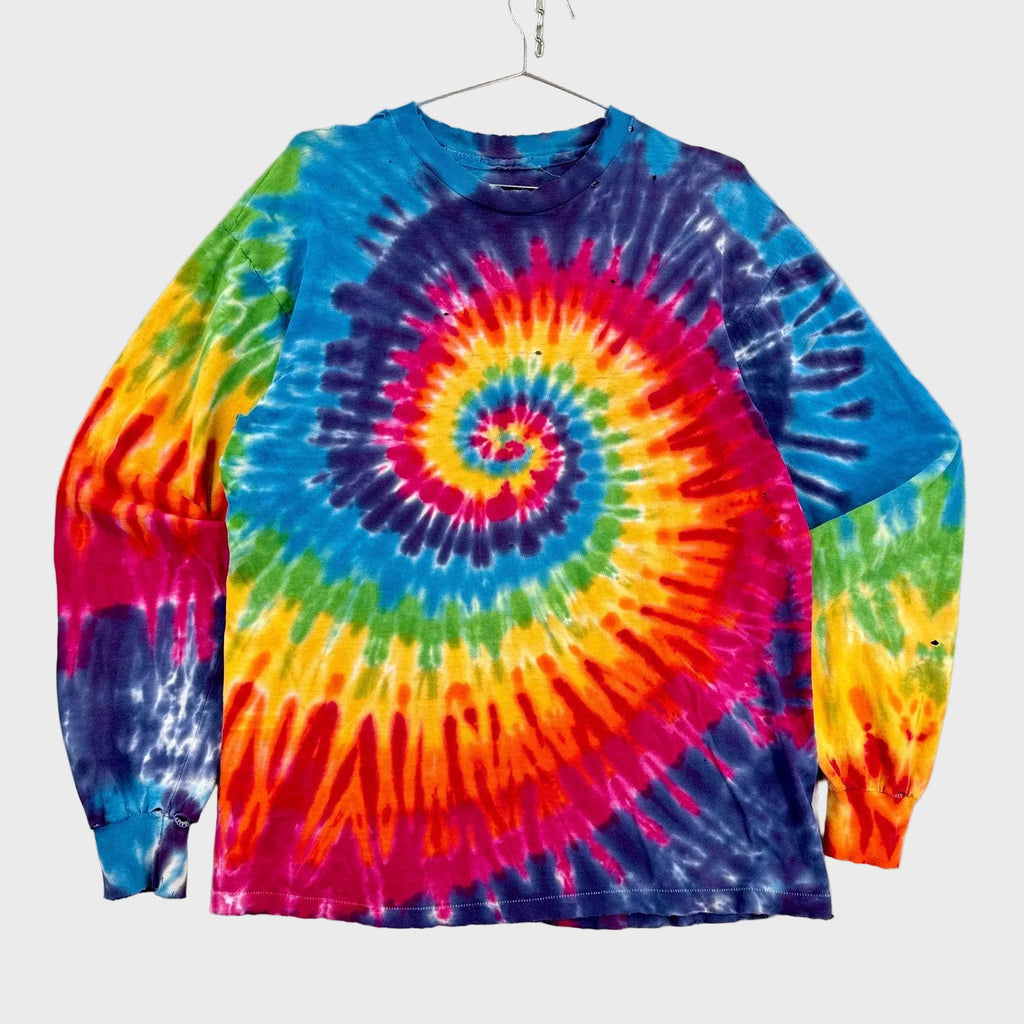 Colorful tie-dye long-sleeve shirt with a spiral pattern on a gray background