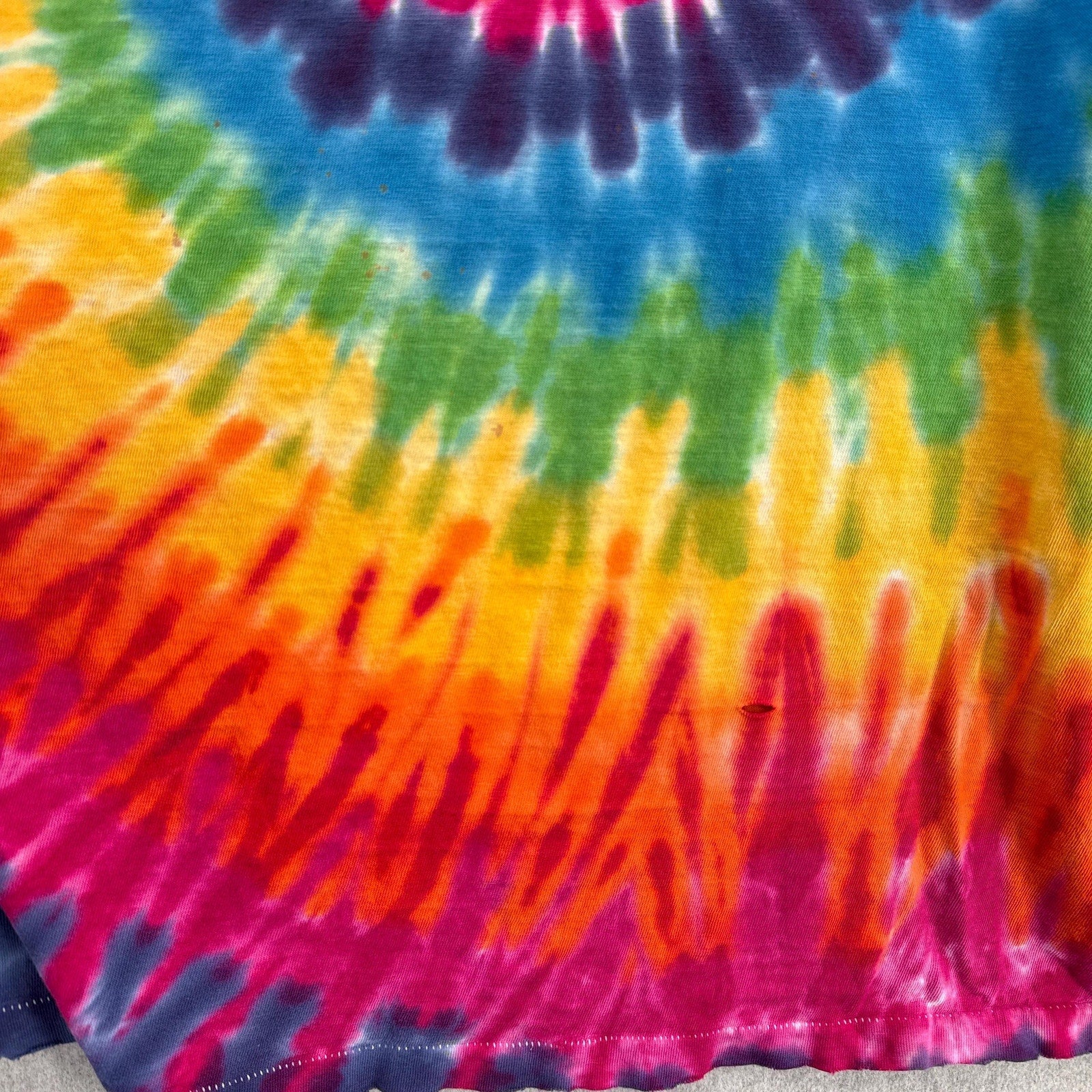 Close-up of a tie-dye fabric with vibrant colors.