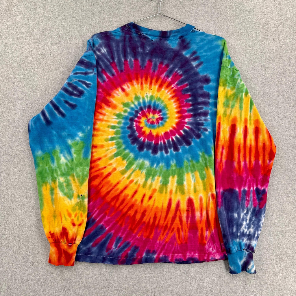 Colorful tie-dye long-sleeve shirt with a spiral pattern on a gray background