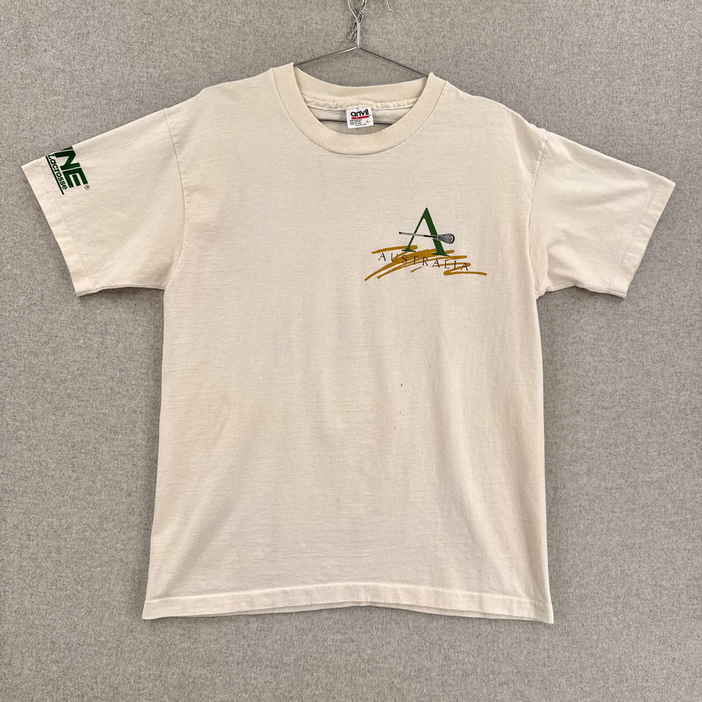 Beige t-shirt with a logo on a gray background