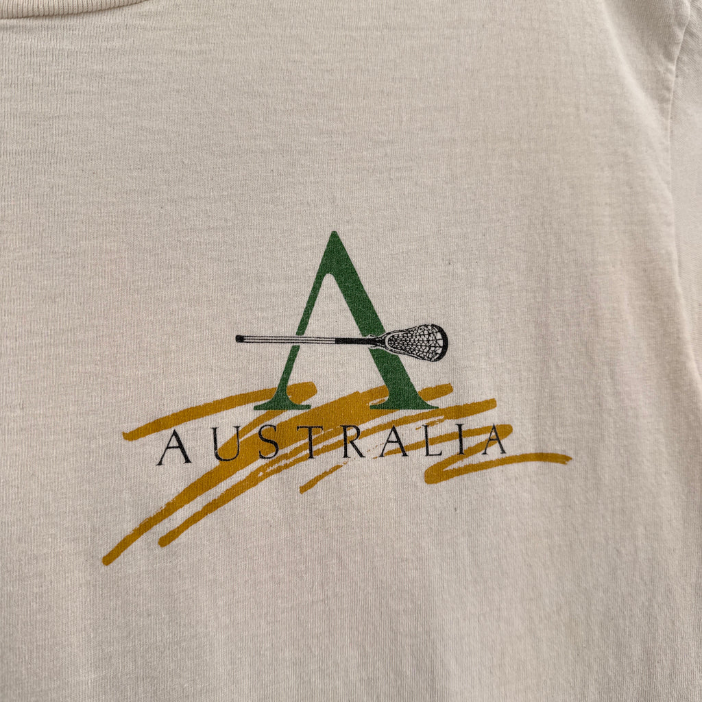 Logo with a lacrosse stick and abstract design on a beige background