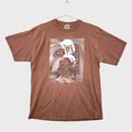 Brown t-shirt with a graphic design of an eagle on a hanger against a light gray background