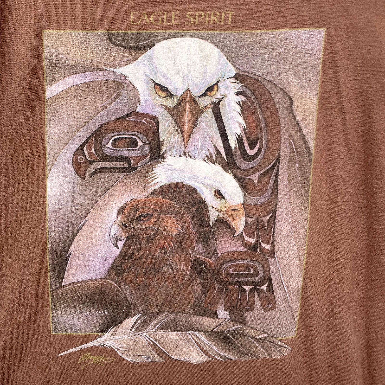 Brown t-shirt with an eagle and hawk design and 'Eagle Spirit' text on a brown background