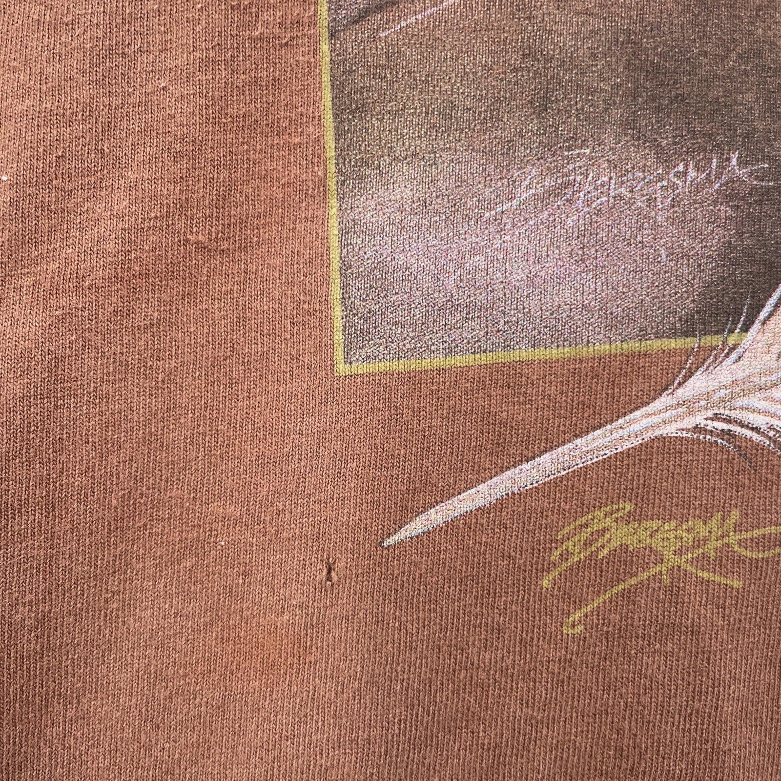 Close-up of a brown fabric with a feather design and signature. small hole