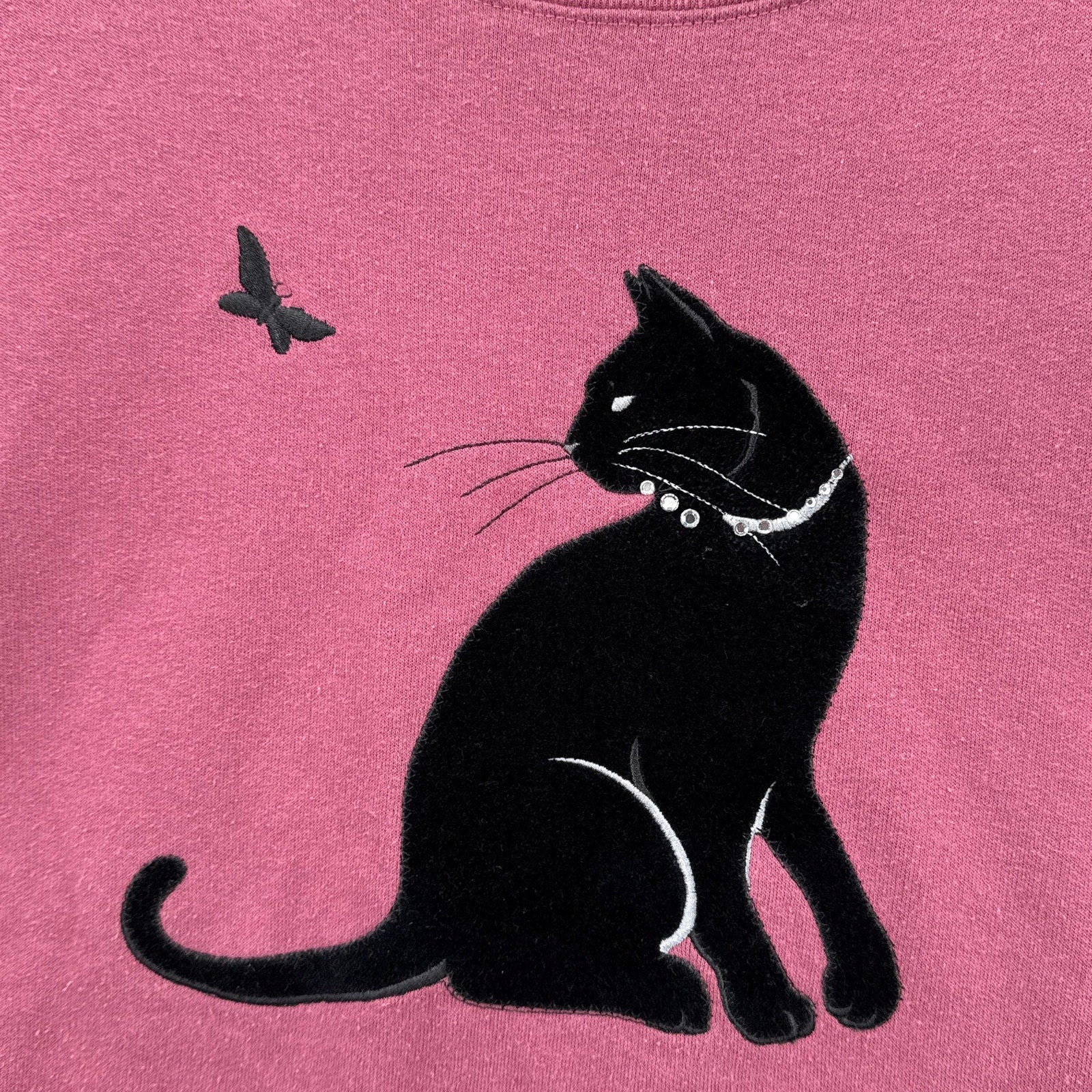 Black cat with a butterfly on a pink background
