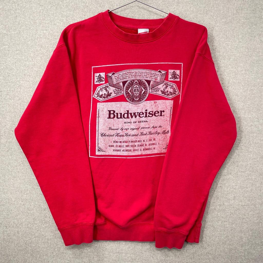 Red sweatshirt with Budweiser logo on a gray background