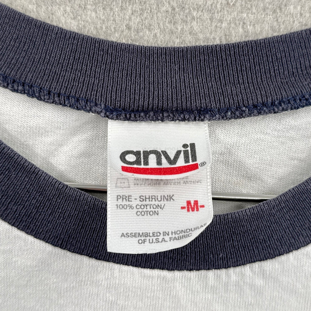 Anvil label on a shirt with navy and gray fabric. size Medium 100% cotton