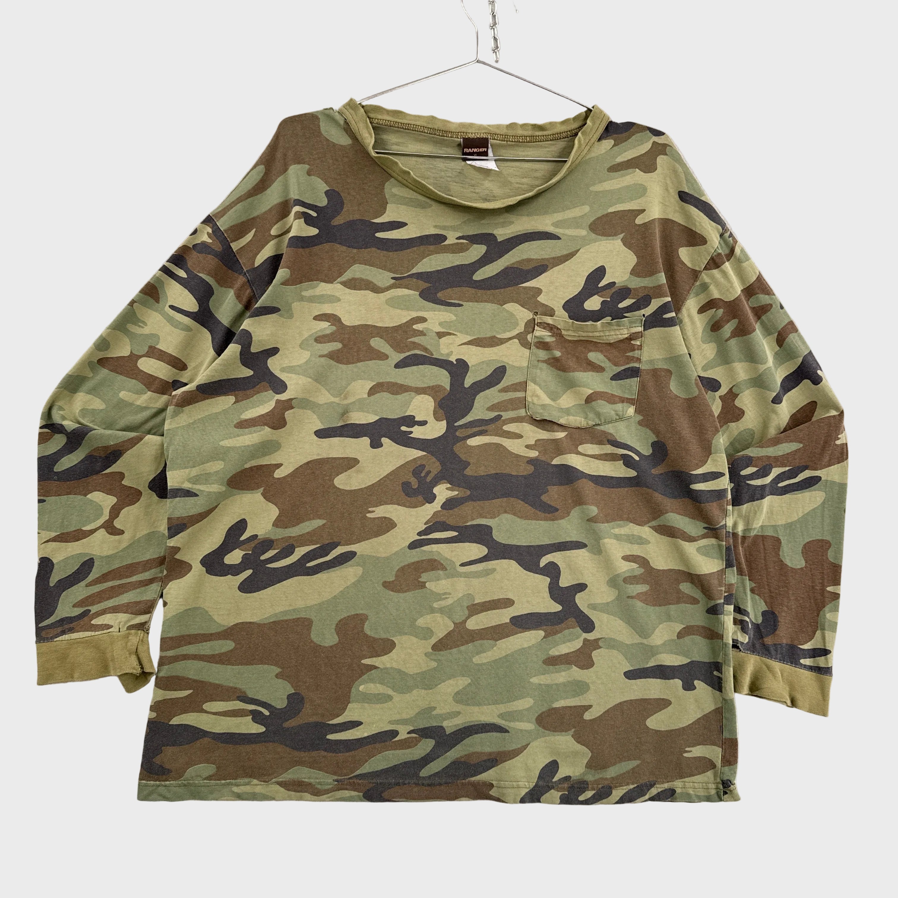 Camouflage-patterned shirt on a light gray background