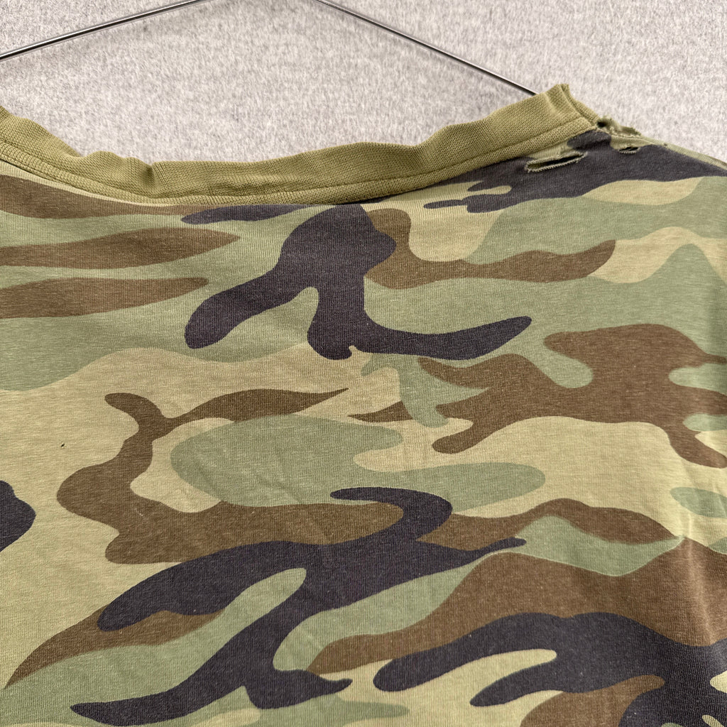 Camouflage-patterned fabric on a textured surface. back of collar with holes