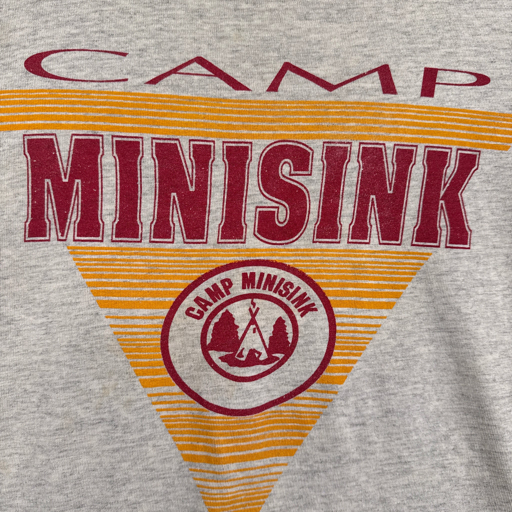 Gray sweatshirt with 'Camp Minisink' text and logo on a gray background