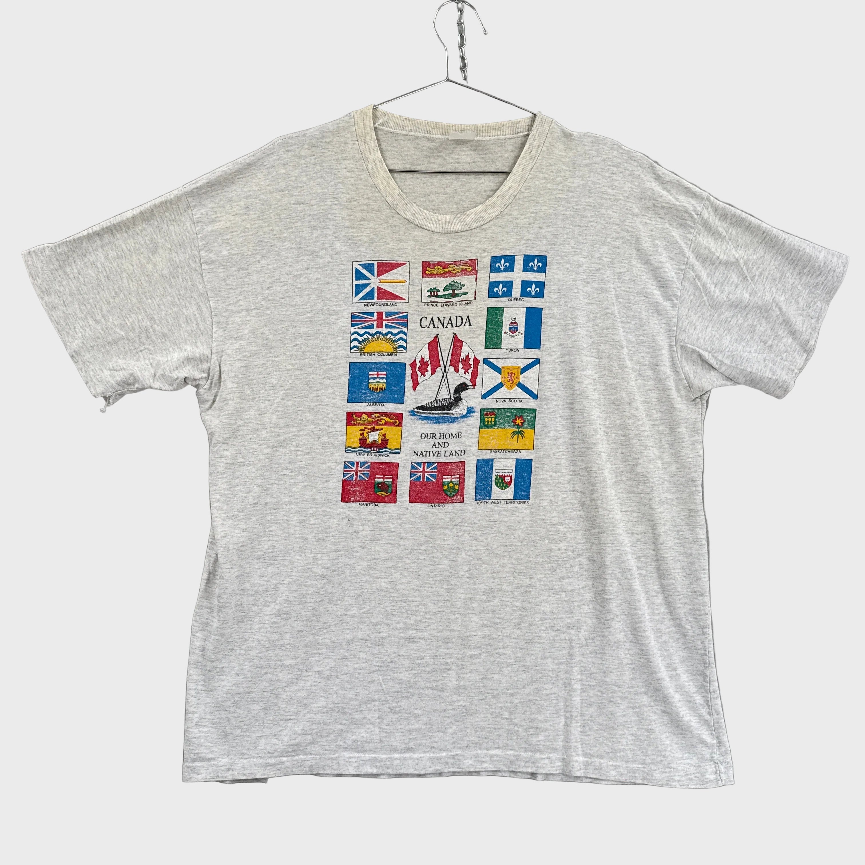 Gray t-shirt with colorful flag designs on a gray background
