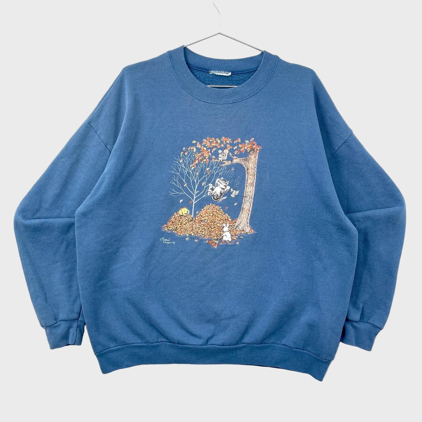 Blue sweatshirt with a graphic design on a gray background