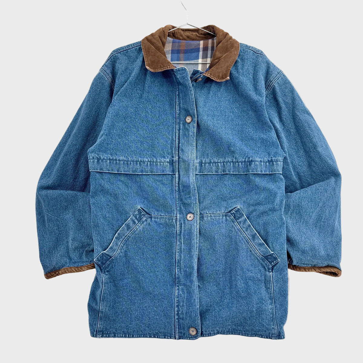 Vintage 90s Denim Core Coat Reversible Plaid Jacket - S