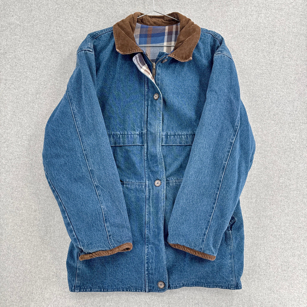 Vintage 90s Denim Core Coat Reversible Plaid Jacket - S