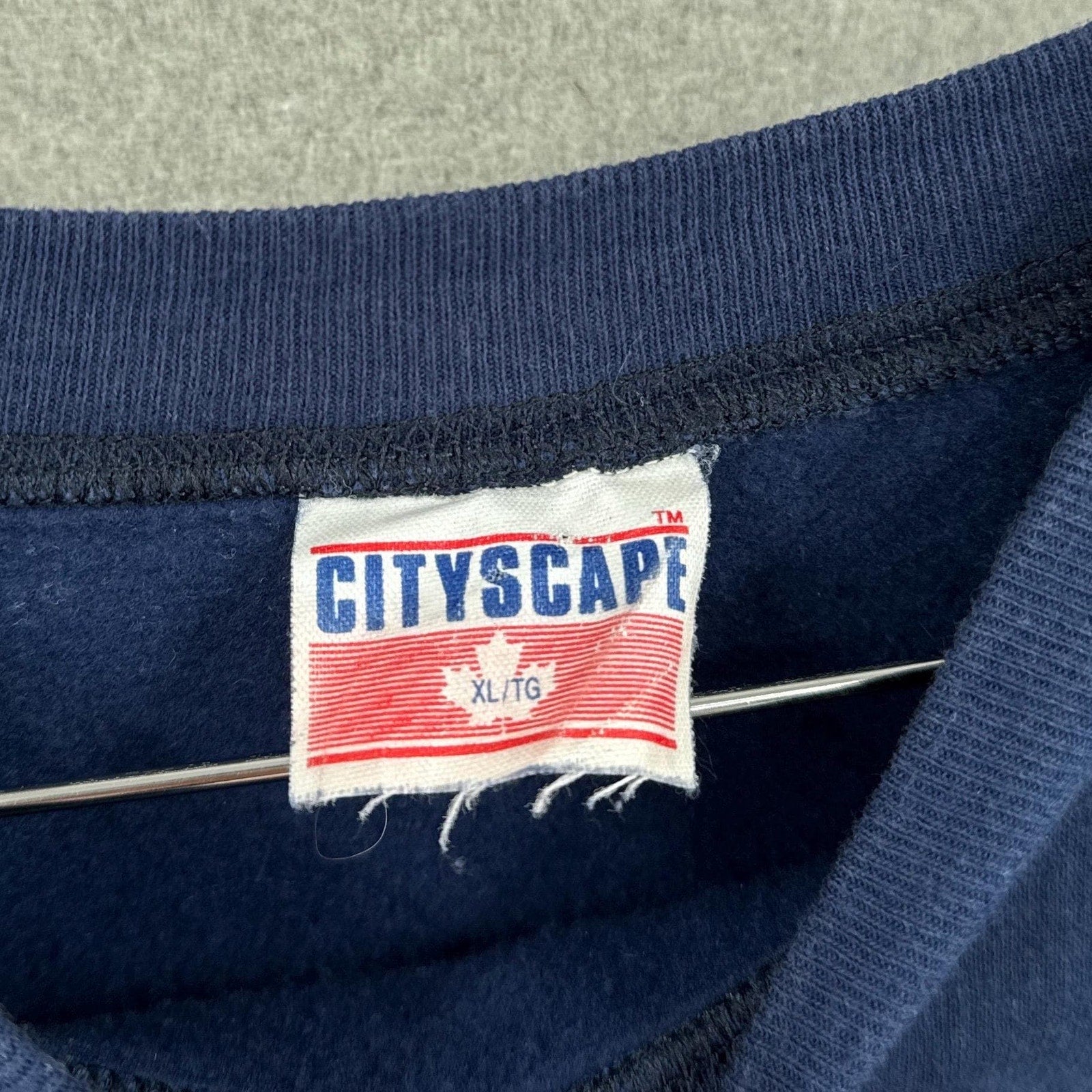 Close-up of a 'CITYSCAPE' label on a blue garment with a gray background.