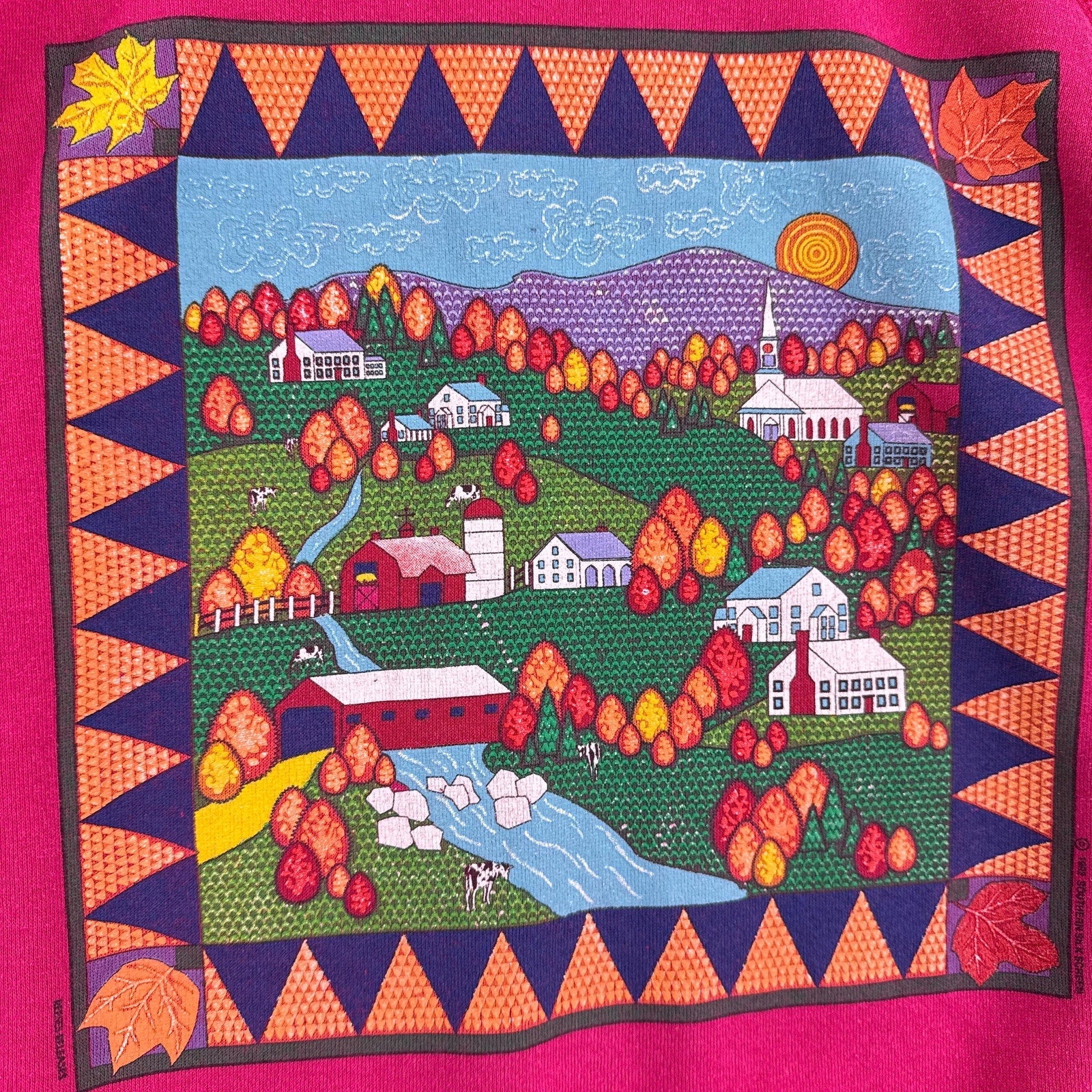 Colorful landscape design featuring houses, trees, and mountains on a pink background.