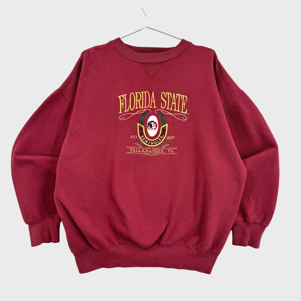 Red sweatshirt with 'Florida State' text and logo on a gray background