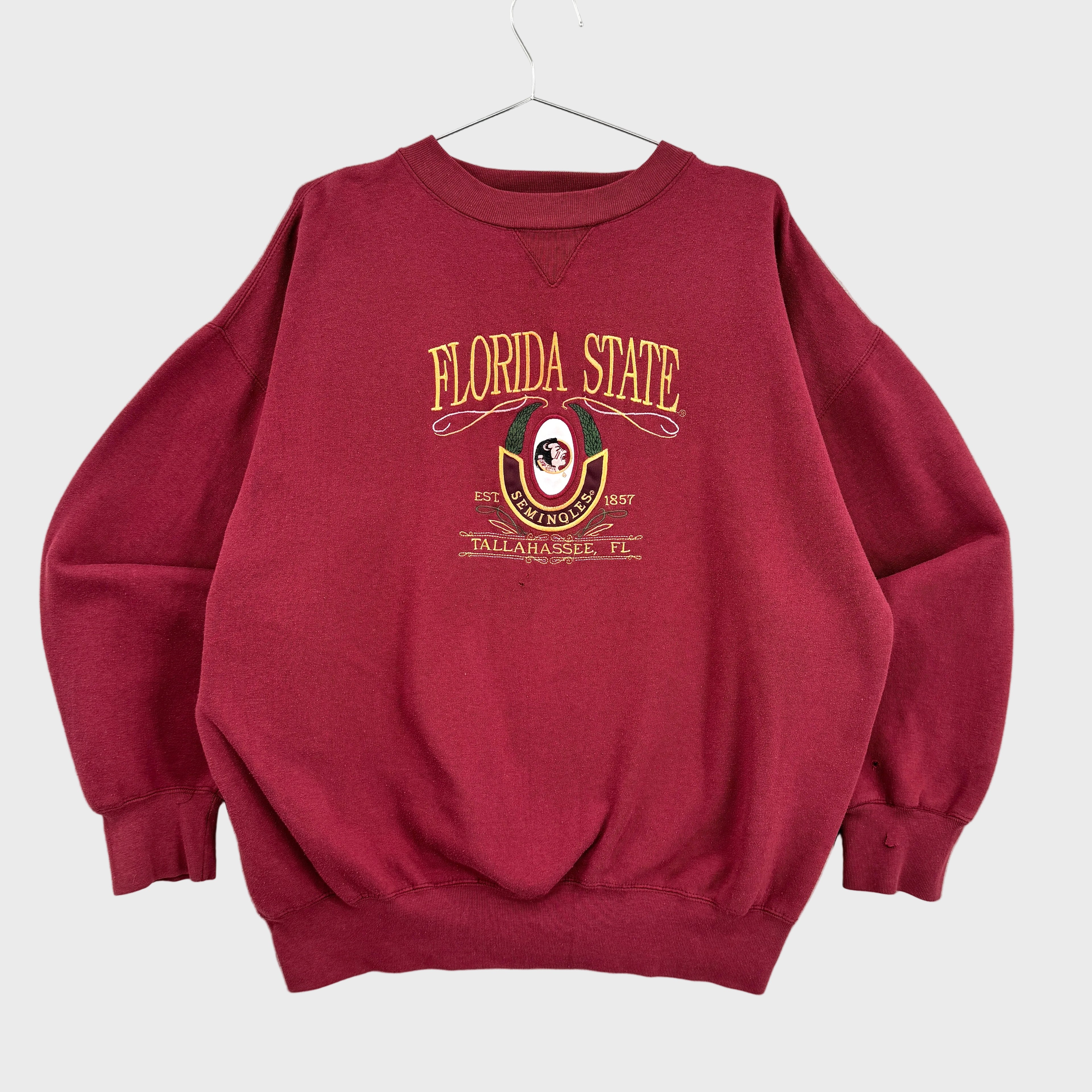 Red sweatshirt with 'Florida State' text and logo on a gray background