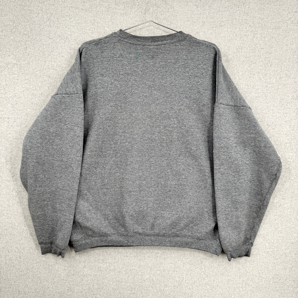 Gray sweatshirt on a hanger against a light gray background, back