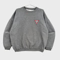 Gray sweatshirt with a red triangle Guess? logo on a gray background