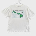 White t-shirt with a graphic design of the Islands of Hawaii on a gray background