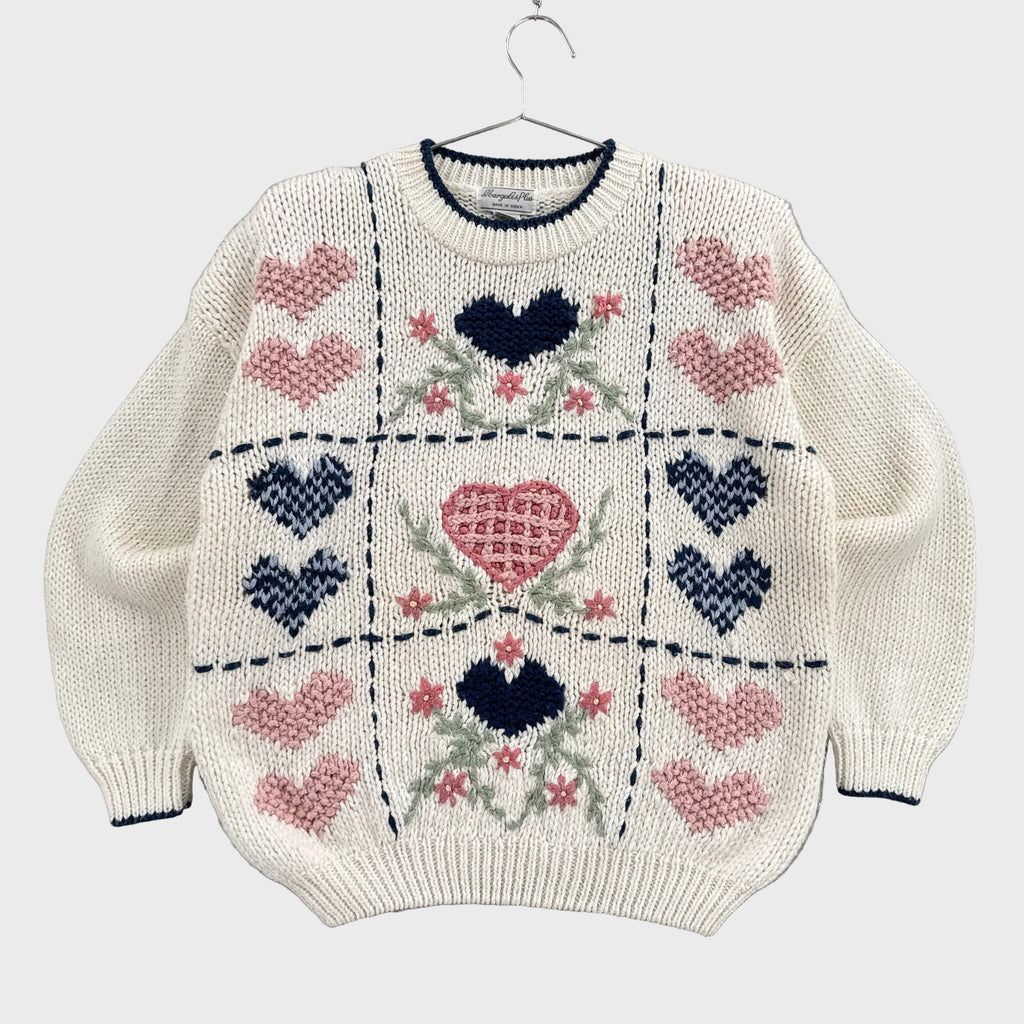 Vintage 90s Hearts Flowers Embroidered Knitted Sweater
