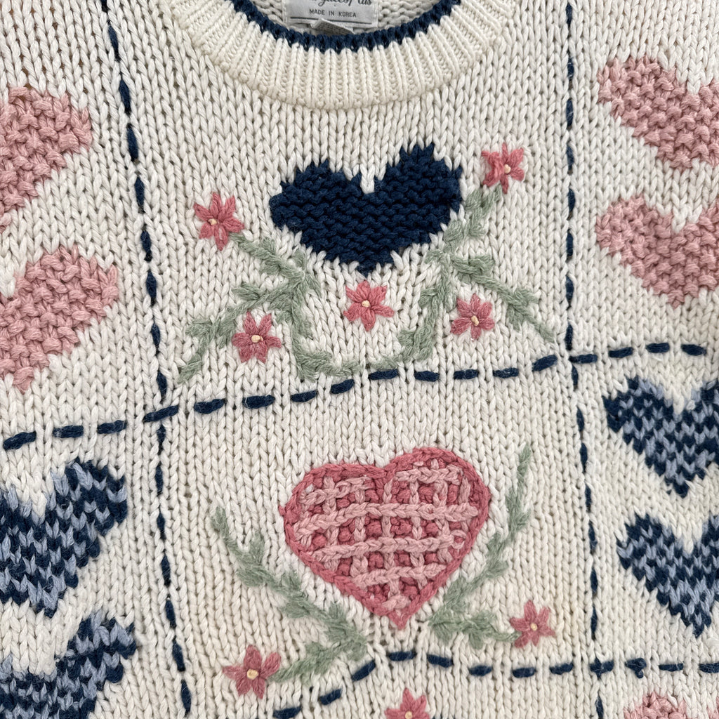 Vintage 90s Hearts Flowers Embroidered Knitted Sweater
