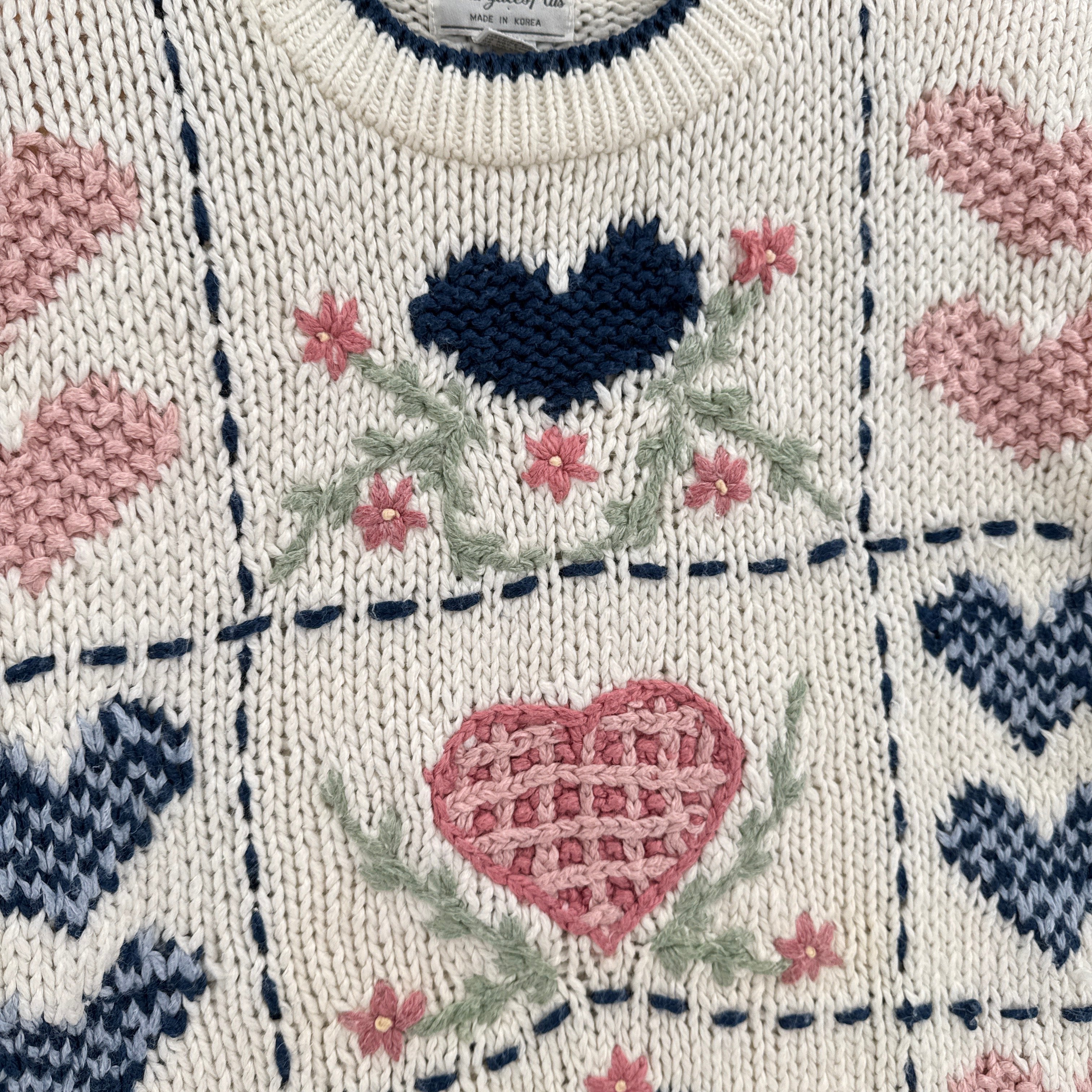 Vintage 90s Hearts Flowers Embroidered Knitted Sweater