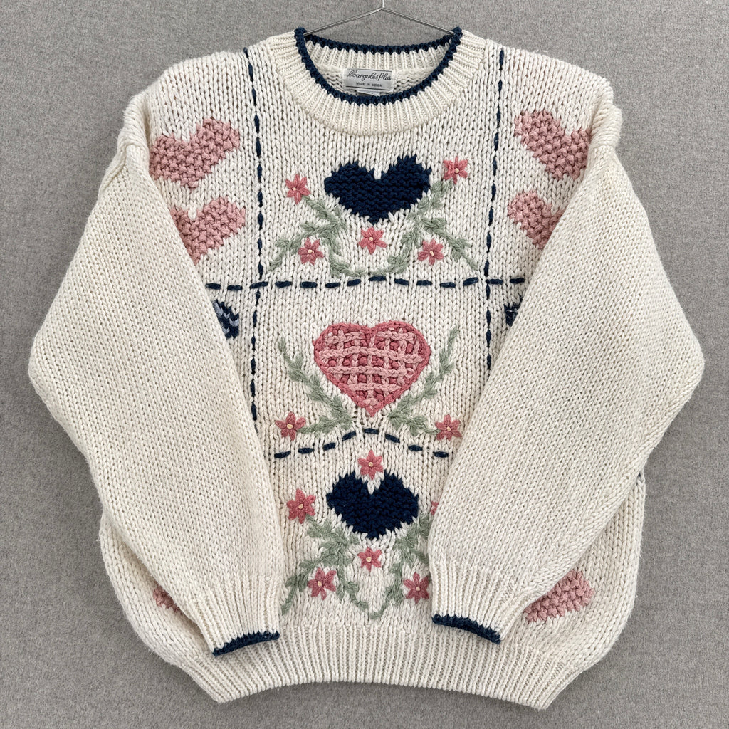 Vintage 90s Hearts Flowers Embroidered Knitted Sweater