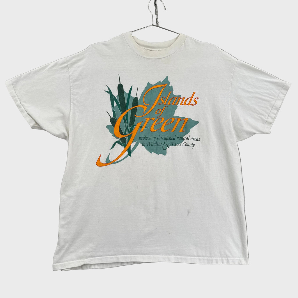 White tank top with a graphic design on a gray background. Islands of Green Windsor Essex County England British design
