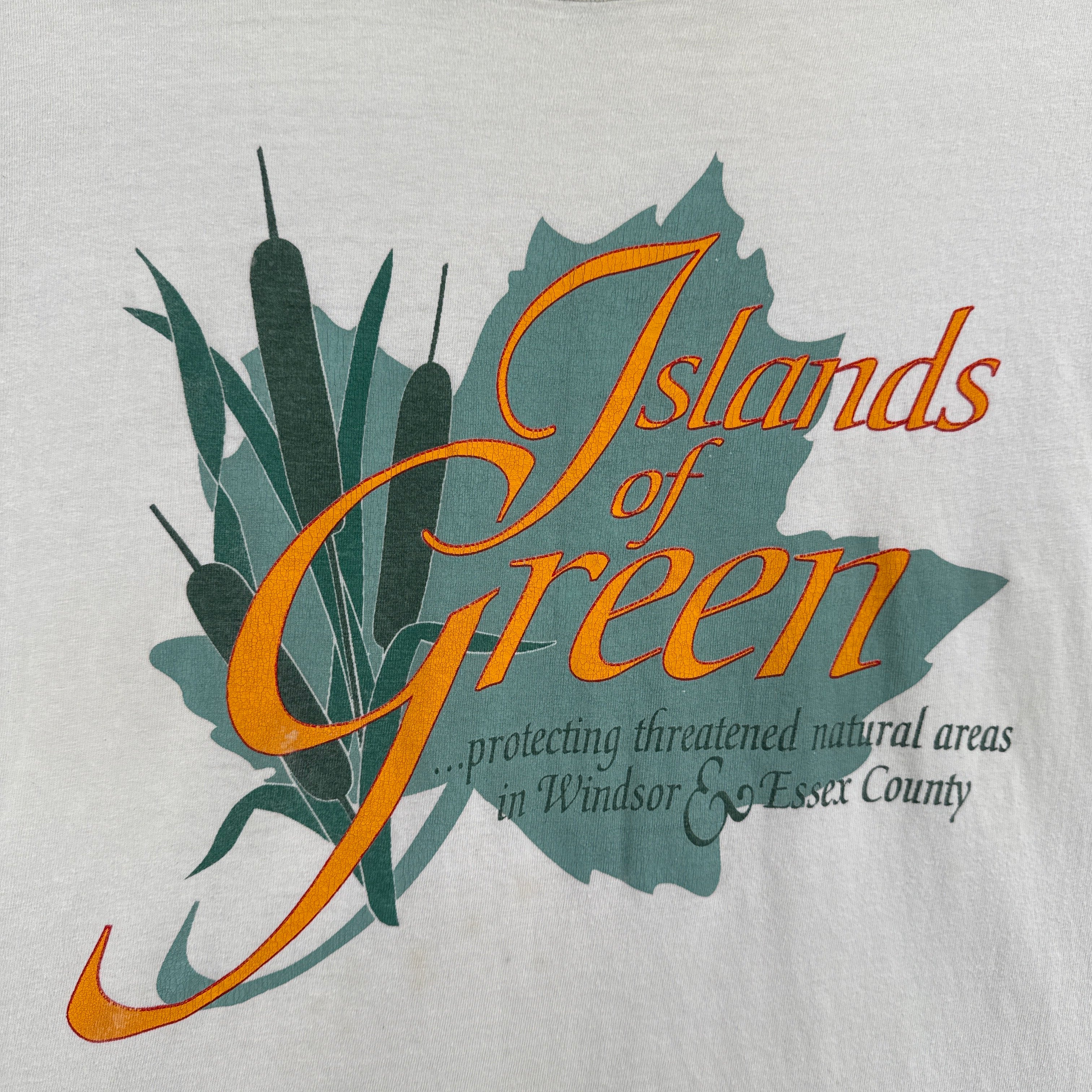 Text 'Islands of Green' with leaf design on a white background