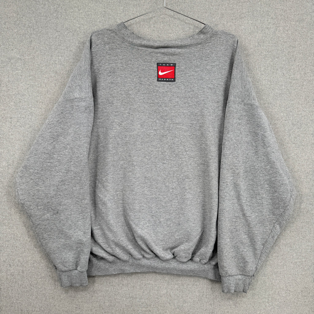 Gray sweatshirt with a red and black logo on a gray background