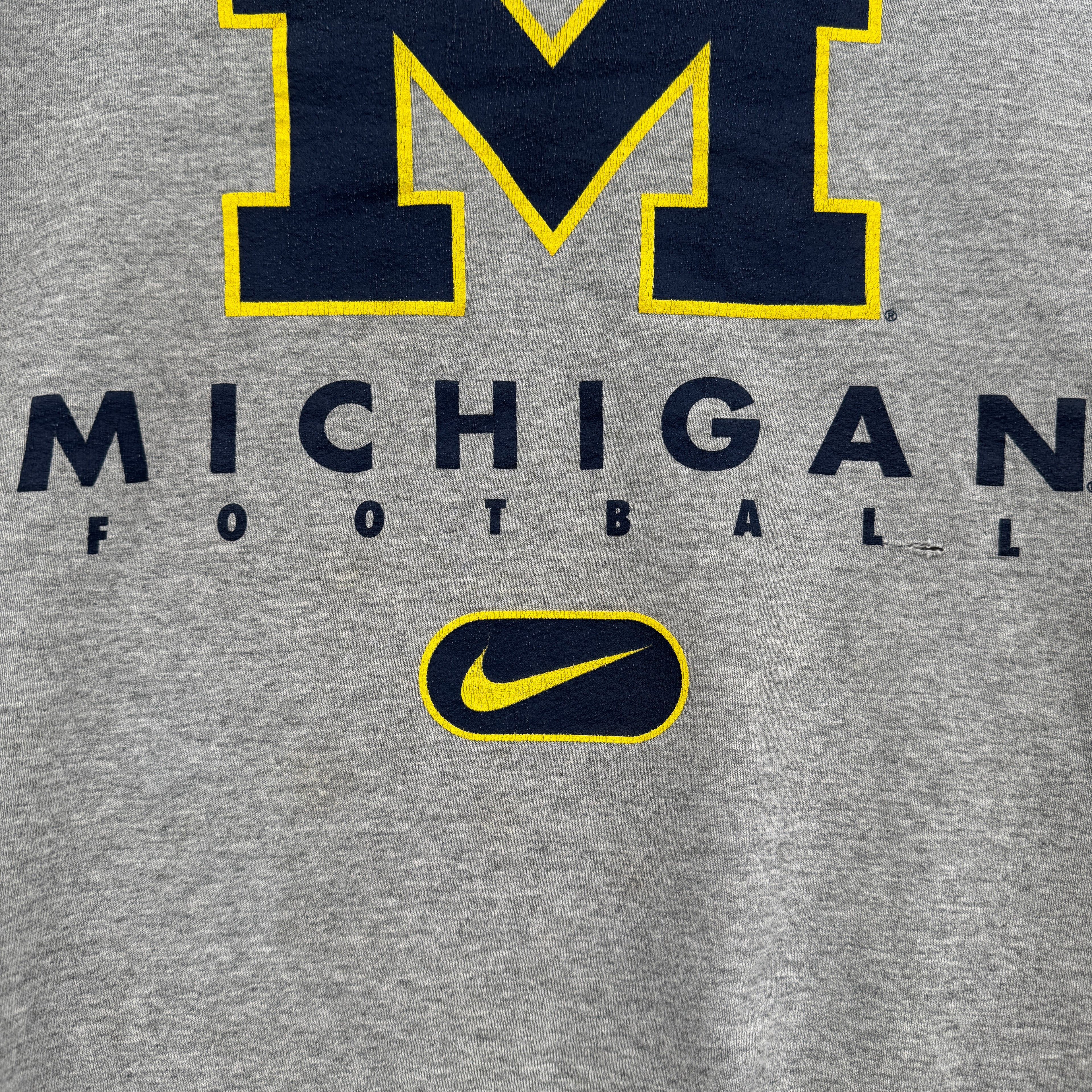 Gray sweatshirt with Michigan Football text and Nike logo on a gray background