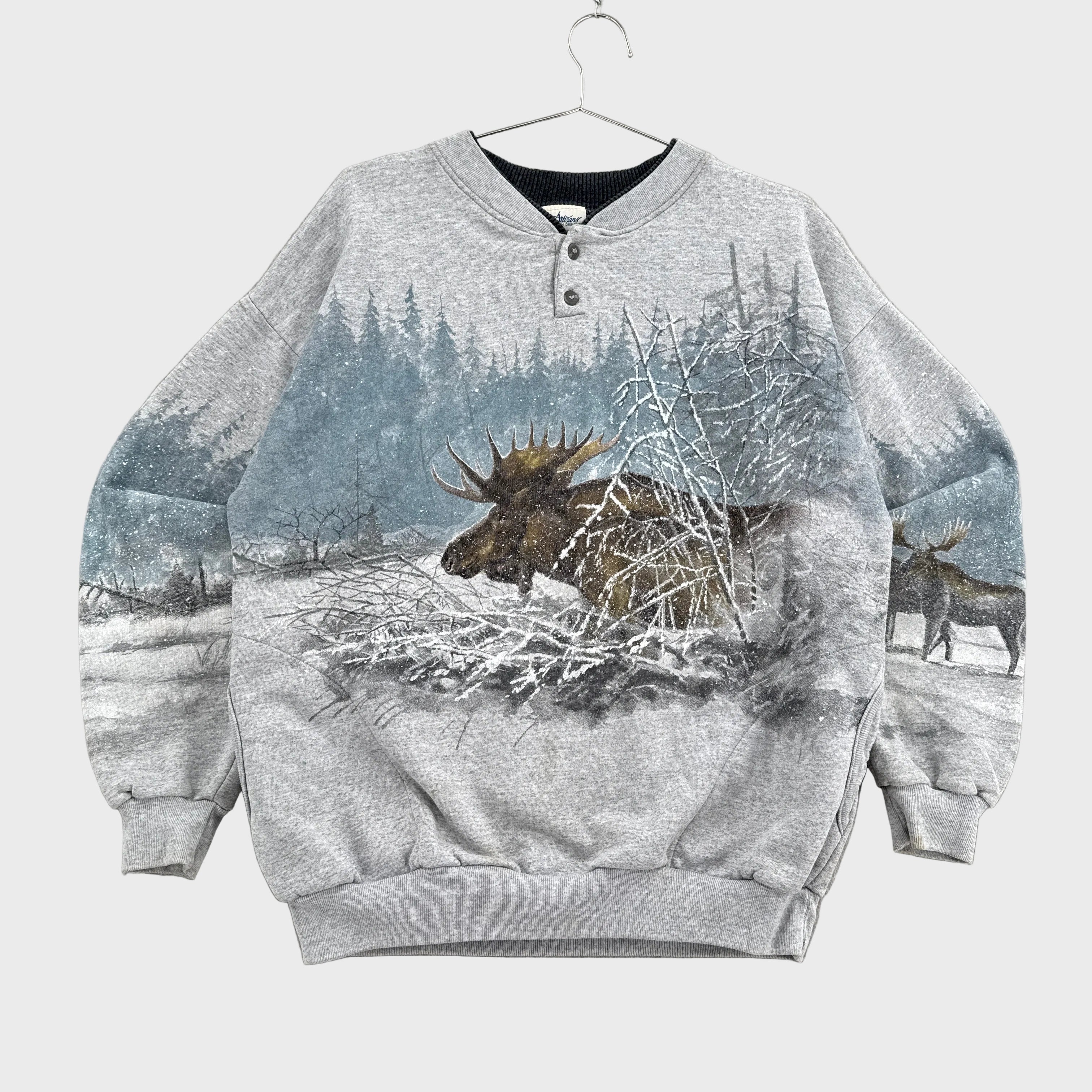 Vintage 90s Moose Winter All Over Print Crewneck Sweatshirt